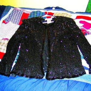 VINTAGE ADRIANNA PEPELL BLACK BEADED SILK EVENING JACKET S/M